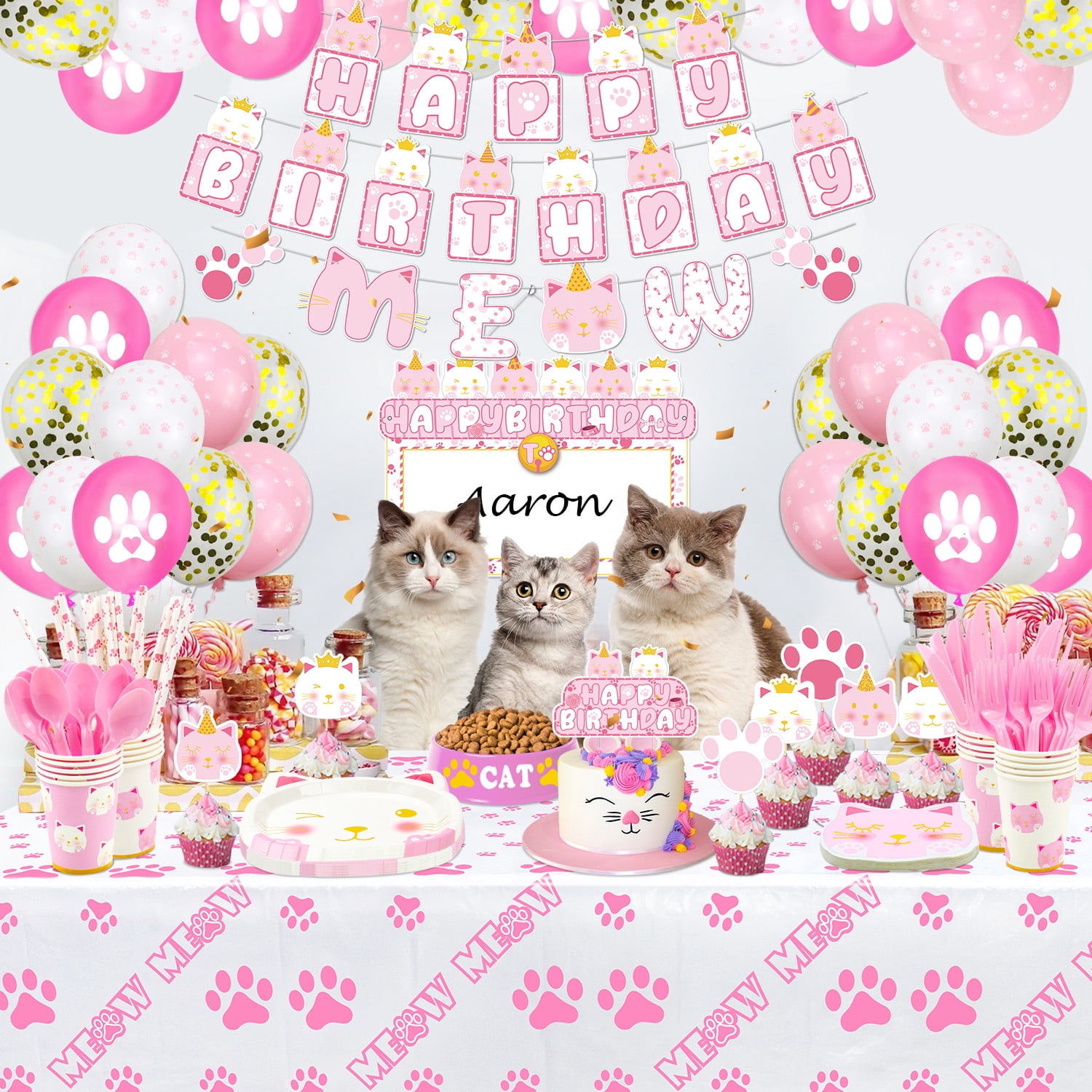 218 PCS Cat Birthday Party Supplies - Cat Balloons, Birthday Banner, MEOW Garland, DIY Hanging Sign, Cake Topper, Plates, Napkins, Cups and Tablecloth for Cat Birthday Decorations, Serve 20 Guests