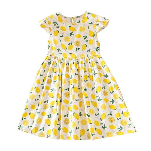 GDREDA Robe Bohème Petite Enfant Filles Robe Florale Manche Douce Robe Fruit pour Enfants Robe d'Été Décontractée Robe de Maison Jaune, 7-8 Ans