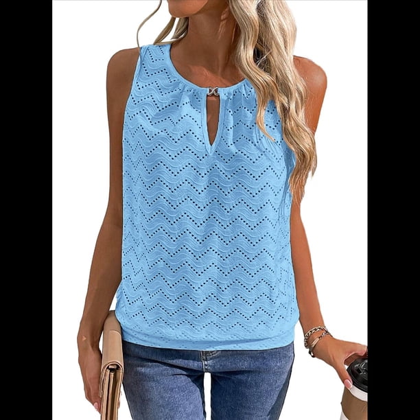 Camisola Informal con Bordado de Ojales para Mujer, Holgada, Sin Mangas, Cómoda y para Verano. Azul M