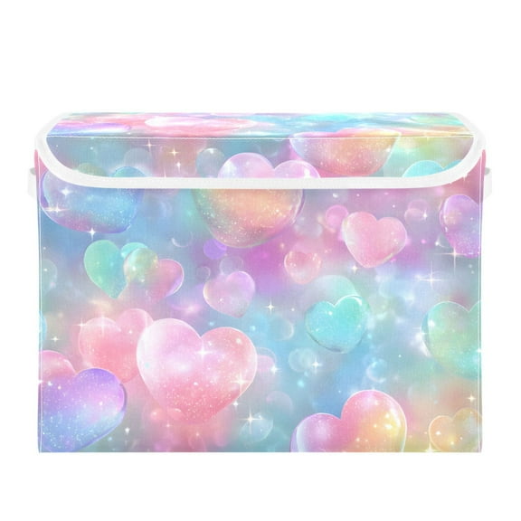 Valentine Dreamy Colorful Hearts Foldable Storage Bin with Lid and Handle Collapsible Storage Box 16.5 x 12.6 x 11.8 inches
