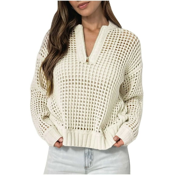 Kilaqueen Womens Tops Crochet Hollow Out Long Sleeve Quarter Zip Crewneck Pullovers Casual Solid Color Relaxed Fit Tunic Tees
