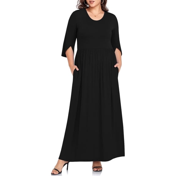 WUJINXIA Women's Plus Size Dresses 1X to 5X Crewneck Ruffle 3/4 Sleeve Casual Maxi Dress