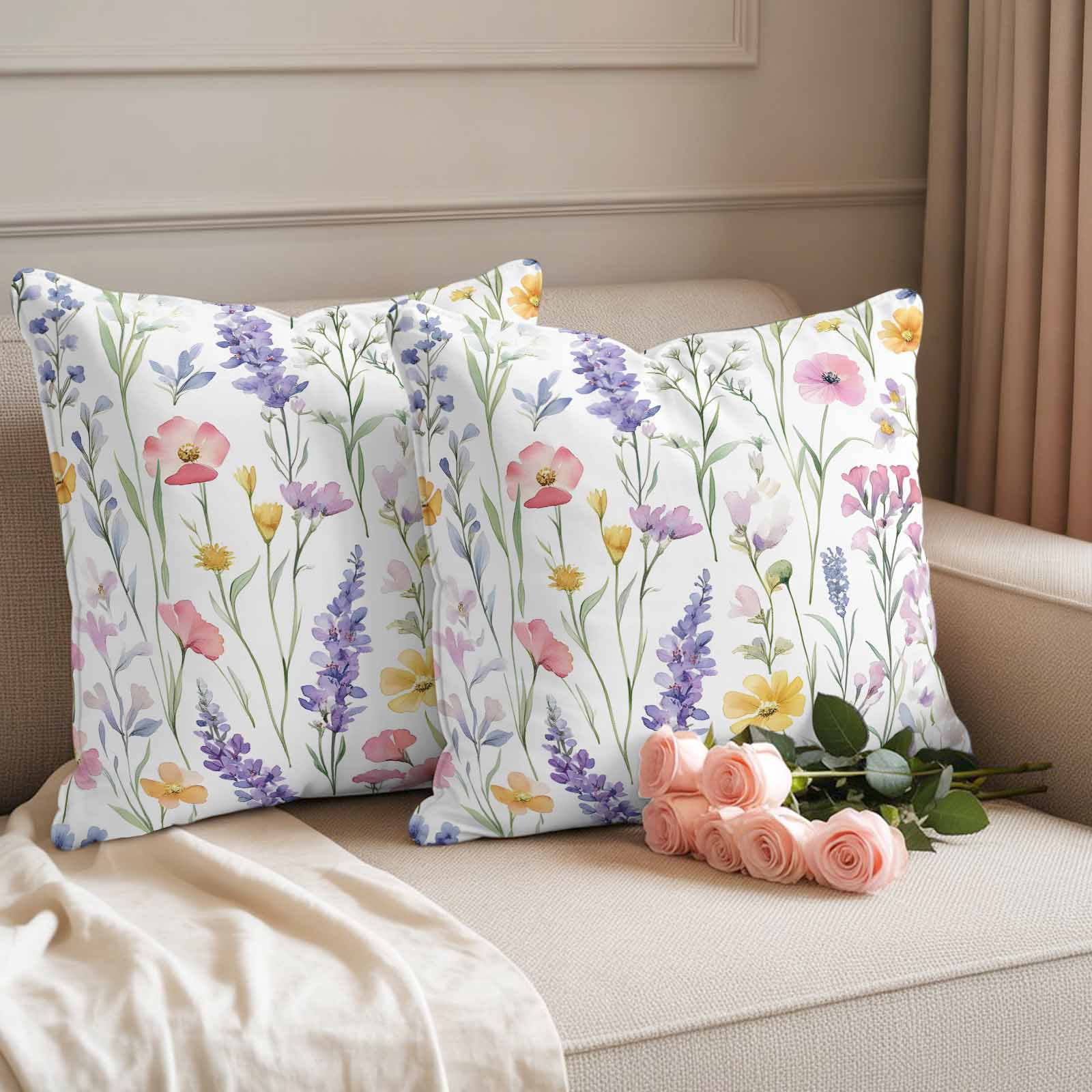 Spring Flower Pillow Covers 2 Pack Watercolor Retro Lavender Plant Wildflower Pillowcase Waterproof Outdoor Throw Pillow Cover for Patio Garden Square Cushion 24”x24”