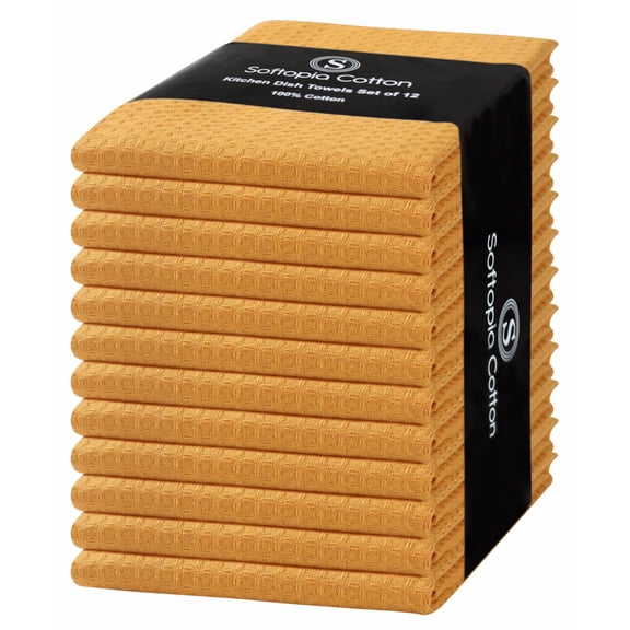 Softopia Cotton Yellow Waffle Kitchen Dish Towels, 100% Cotton, Quick Dry, Super Absorbent, Soft, 16x26 Inches – Ideal for Dish Drying, Bar, Tea, Cleaning, and Everyday Use, 12 Pack, Mustard Yellow