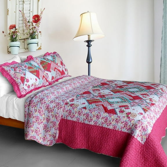 Rose Garden Cotton 3PC Vermicelli-Quilted Printed Quilt Set (Full/Queen Size)