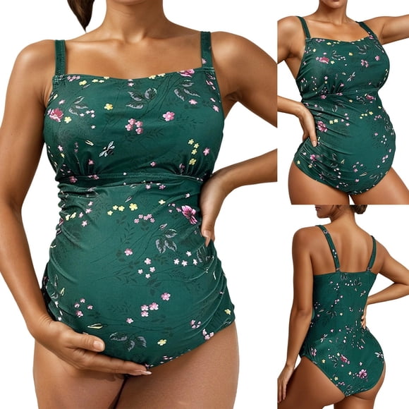 Gyexs Maternity Womens One Piece Swimsuits Ruched Slimming Bathing Suits Floral Swimwear #02 Dark Green, Size S