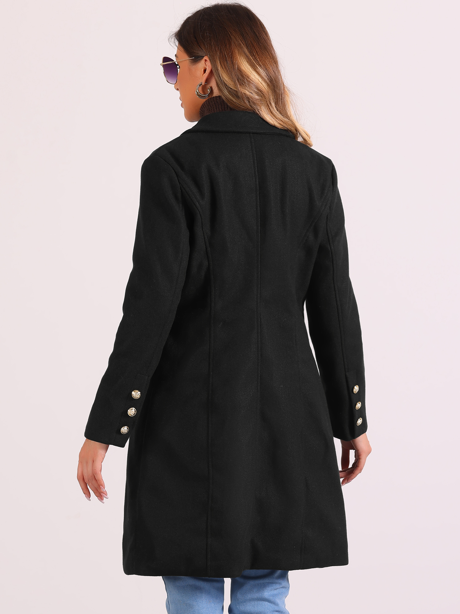 DARING DIVA Women's Notched Lapel Double Breasted Midi Long Winter Coats Black XS