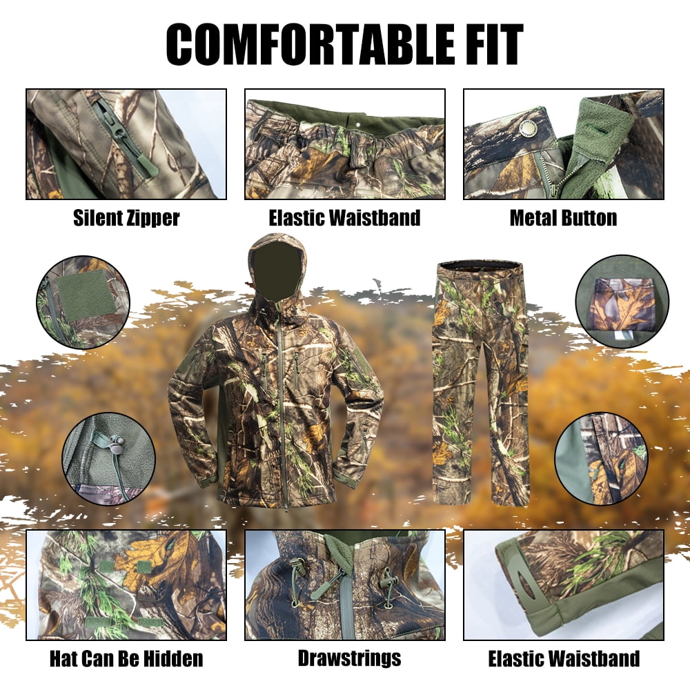 WTVIDAS Camo Hunting Clothes for Men with Lining, Outdoor Compatible Durable Water Resistant Deer Hunting Jacket and Pants,Hunting Gear