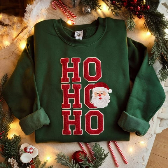 Ho Ho Ho Santa Sweatshirt, Festive Embroidered Christmas Pullover Adults, chenille sweatshirt, discounted christmas sweatshirt, ugly xmas