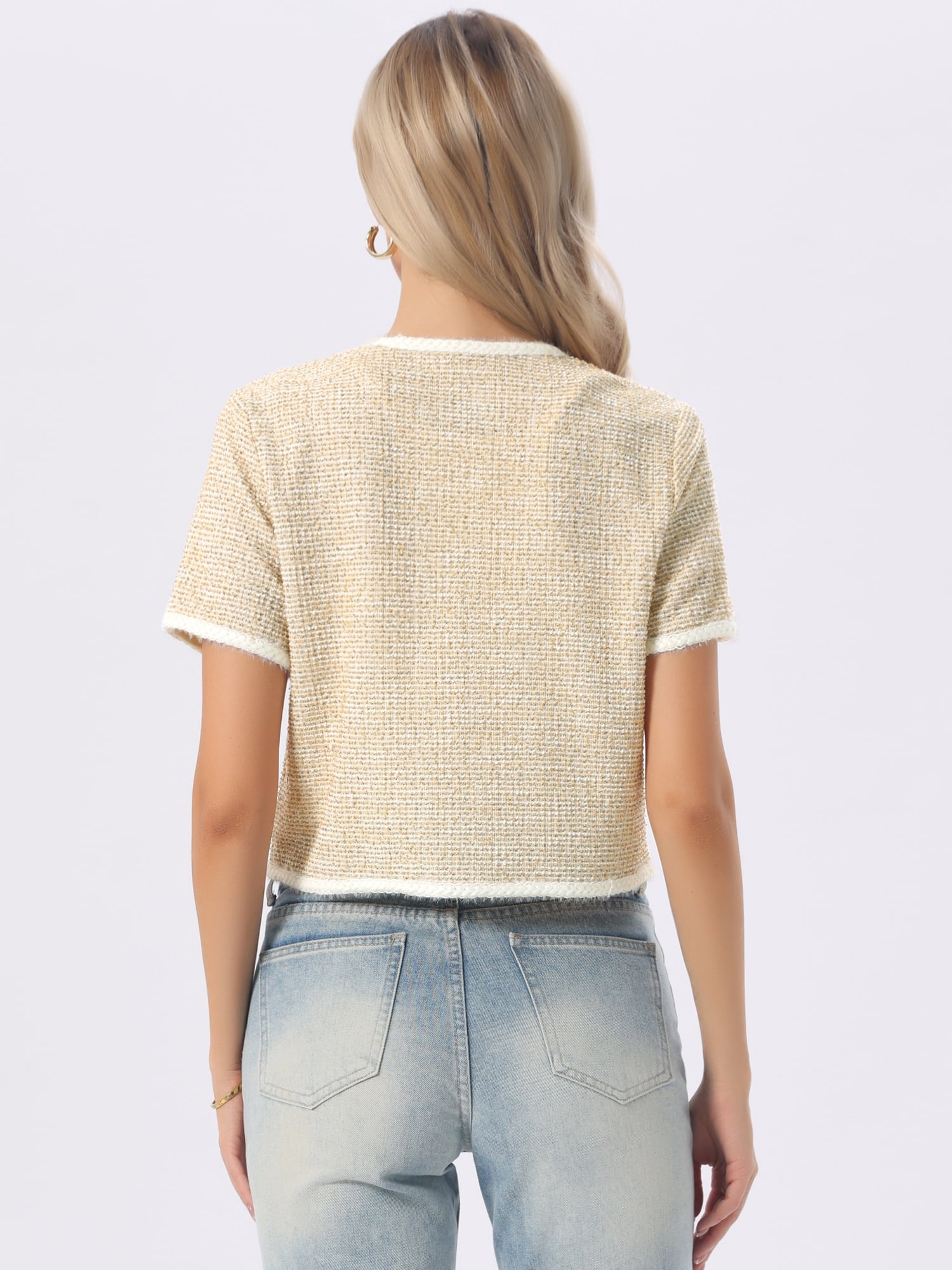 DARING DIVA Women's Short Sleeve Tweed Jacket Crew Neck Button Front Cropped Cardigan S Yellow
