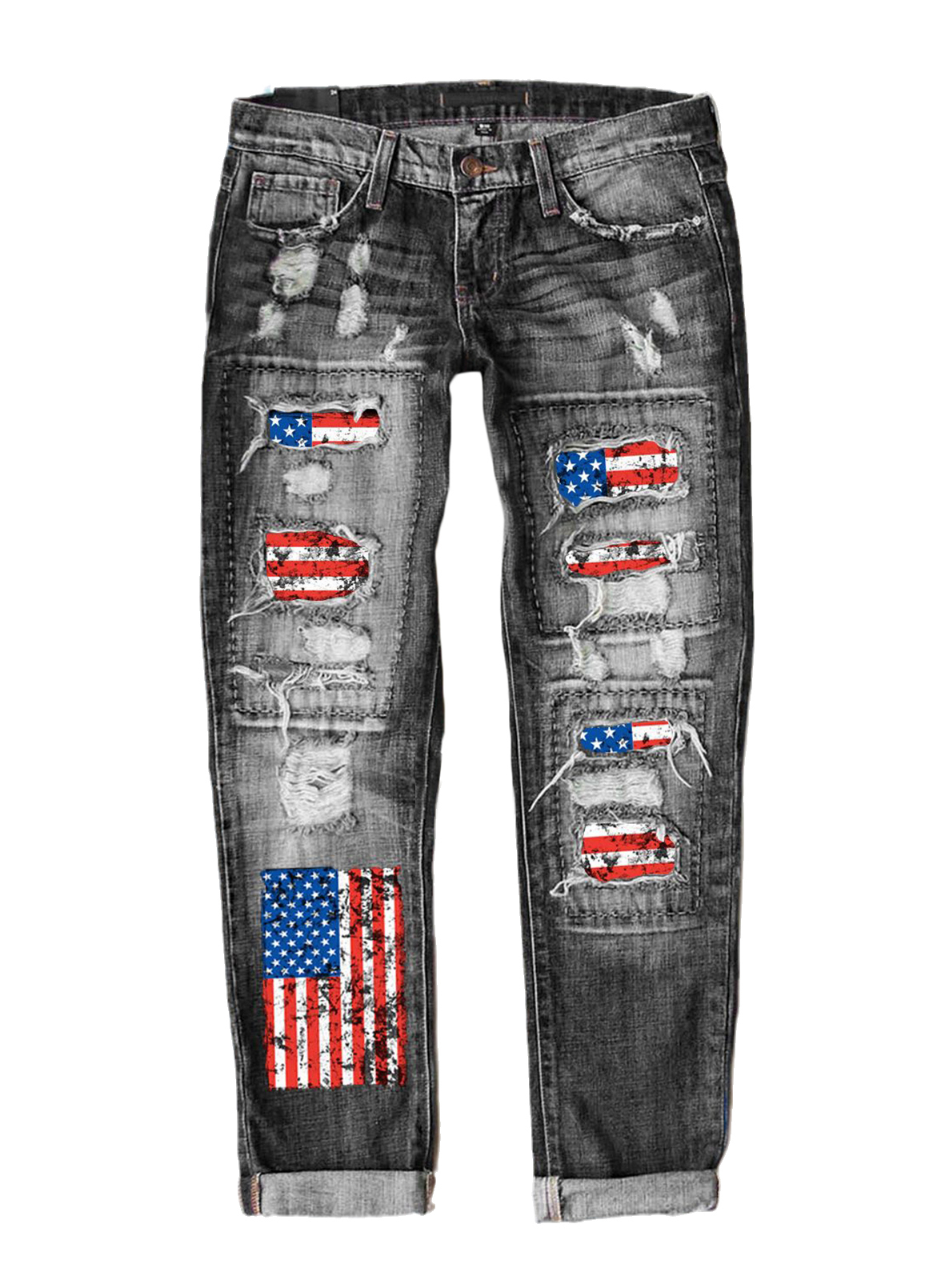 Rosfancy Womens Jeans Mid Waist American Flag Patchwork Jean Destroyed
