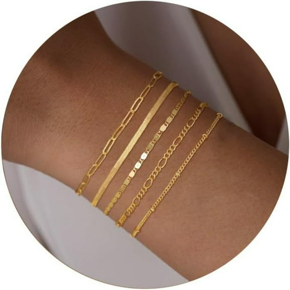 Gold Bracelets for Women Trendy, Dainty 14K Gold Plated Bracelet Beaded Chain Bracelet Set Bracelets Jewelry