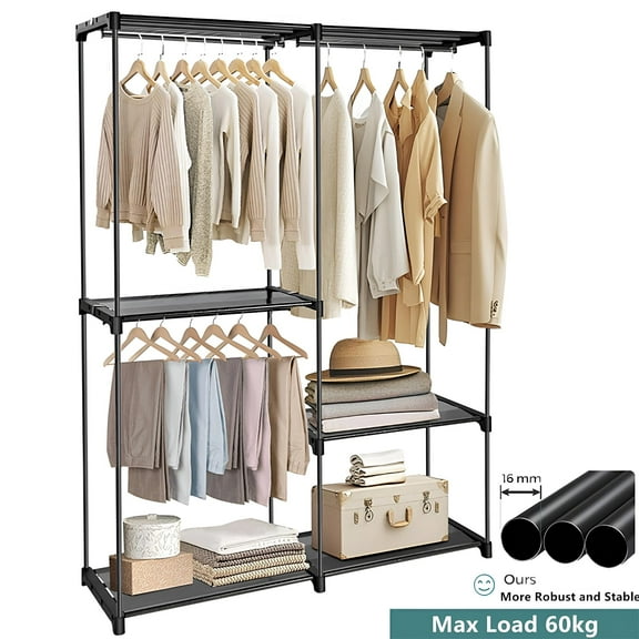 Support à Vêtements en Métal avec 3 Tringles et Tablettes, Grand Garde-Robe Portative de 56 Pouces de Large pour Suspendre des Vêtements, Noir