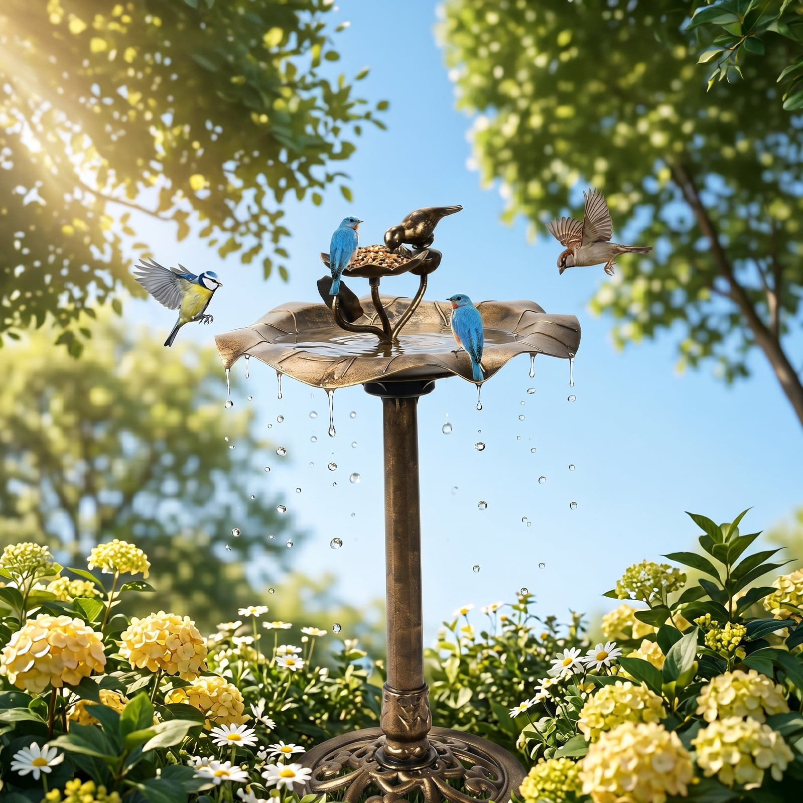 Resin Bird Bath With Lotus Edge & Feeder Tray, 50*50*86cm