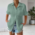 thumbnail image 4 of Camisa Estilo Boyfriend A Rayas Fruncidas para Mujer, Informal, con Cuello Corto, Mangas , Botones y Bolsillo, Verde XXXL, 4 of 7