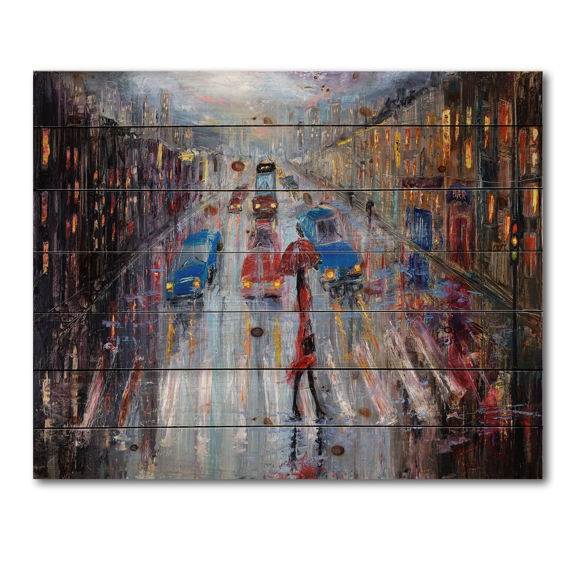 Designart 'Girl In Red Crossing The Street' Traditional Print on Natural Pine Wood