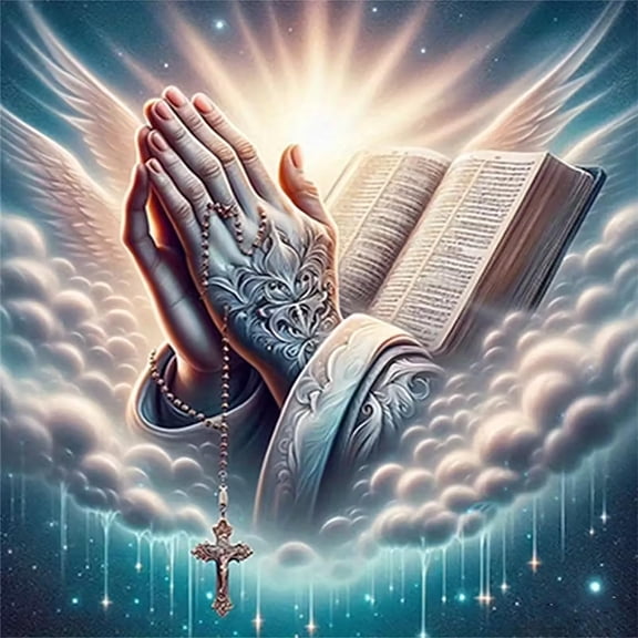 Christian Faith Diamond Art Painting, Praying Hands with Holy Bible & Cross Rosary, Angel Wings Heavenly Sky Pattern, Full Drill Handmade Embroidery Decoration Gift