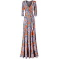 thumbnail image 1 of Bon Rosy, Women's, 3/4 Sleeve V-Neck Printed Maxi Faux Wrap Dress, Rust Navy, M, 1 of 3