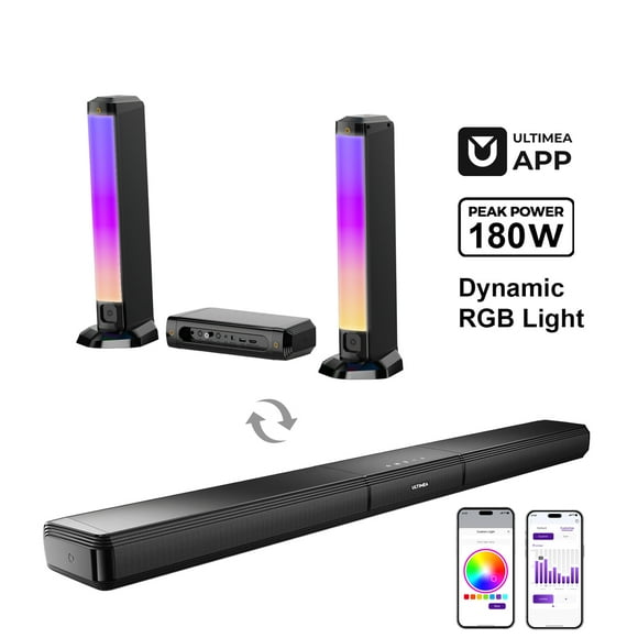 ULTIMEA 5.0ch Sound Bar para Smart TV, Barra de Sonido para PC con Luz RGB, Barra de Sonido Desmontable para TV con Control por Aplicación, Potencia Máxima de 180W, Bluetooth 5.3 TV Sound Bar, HDMI-A