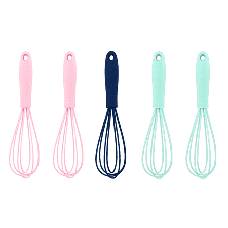 

5 Pack Mini Silicone Whisks Small Hand Whisk Rubber Cooking Whisk Stainless Steel Non Stick Kitchen Whisk Gadgets for Cooking Mixing 2 Pink + 1 Dark Blue + 2 Cyan