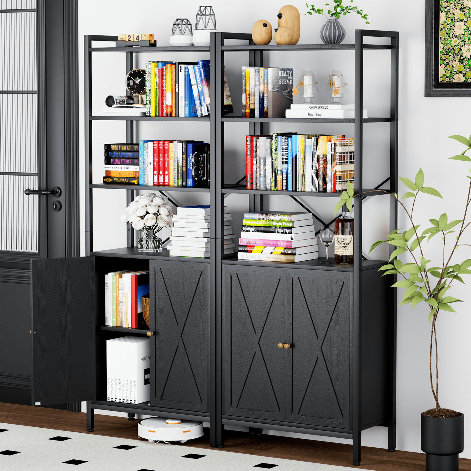 MONVANE Farmhouse Bookshelf and Bookcase with Doors, Crosshatch Design, 4 Shelves, 1 Pack, Black