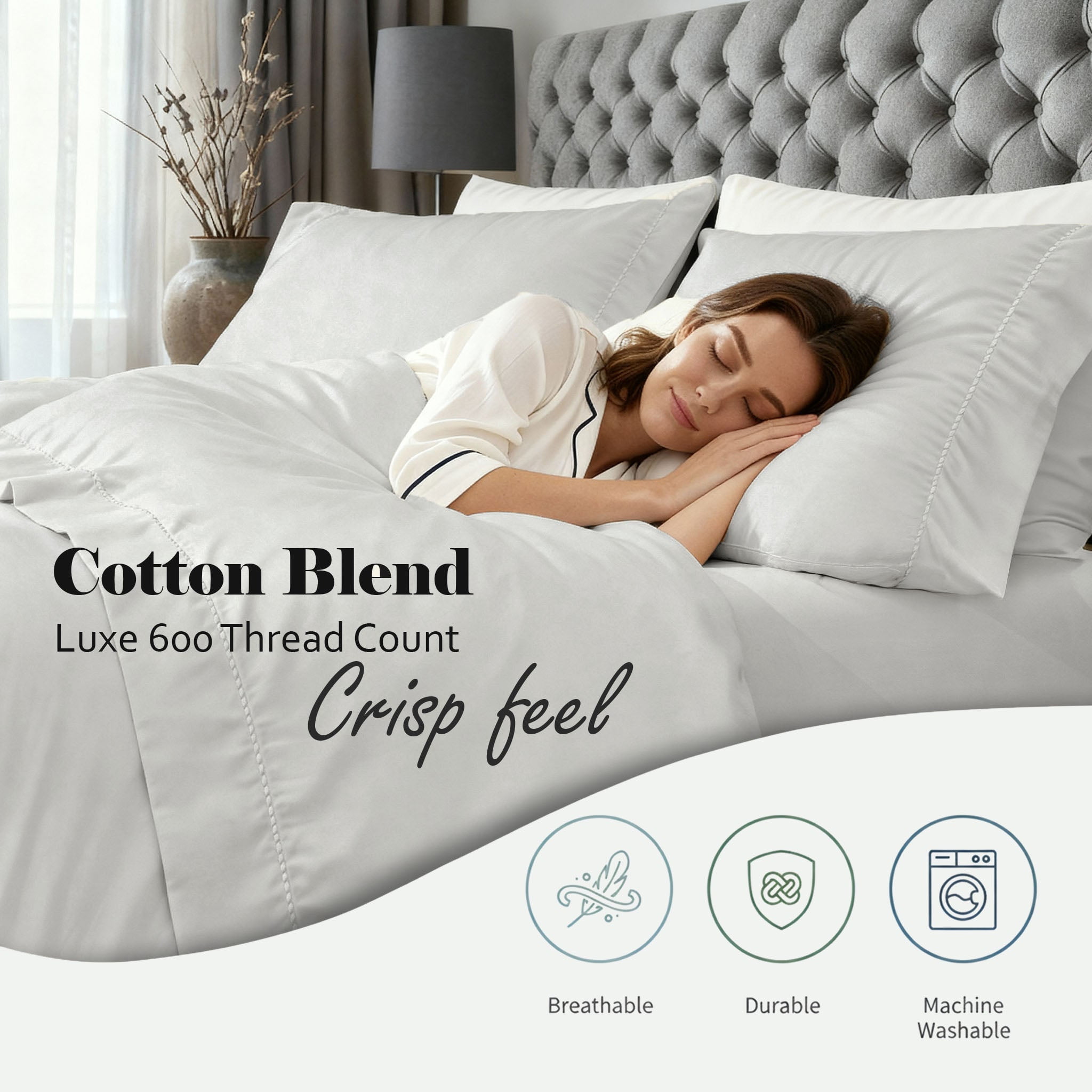 Superior Cotton Blend 600 Thread Count Dash Stitch Hem Sheet Set, Split King, Platinum