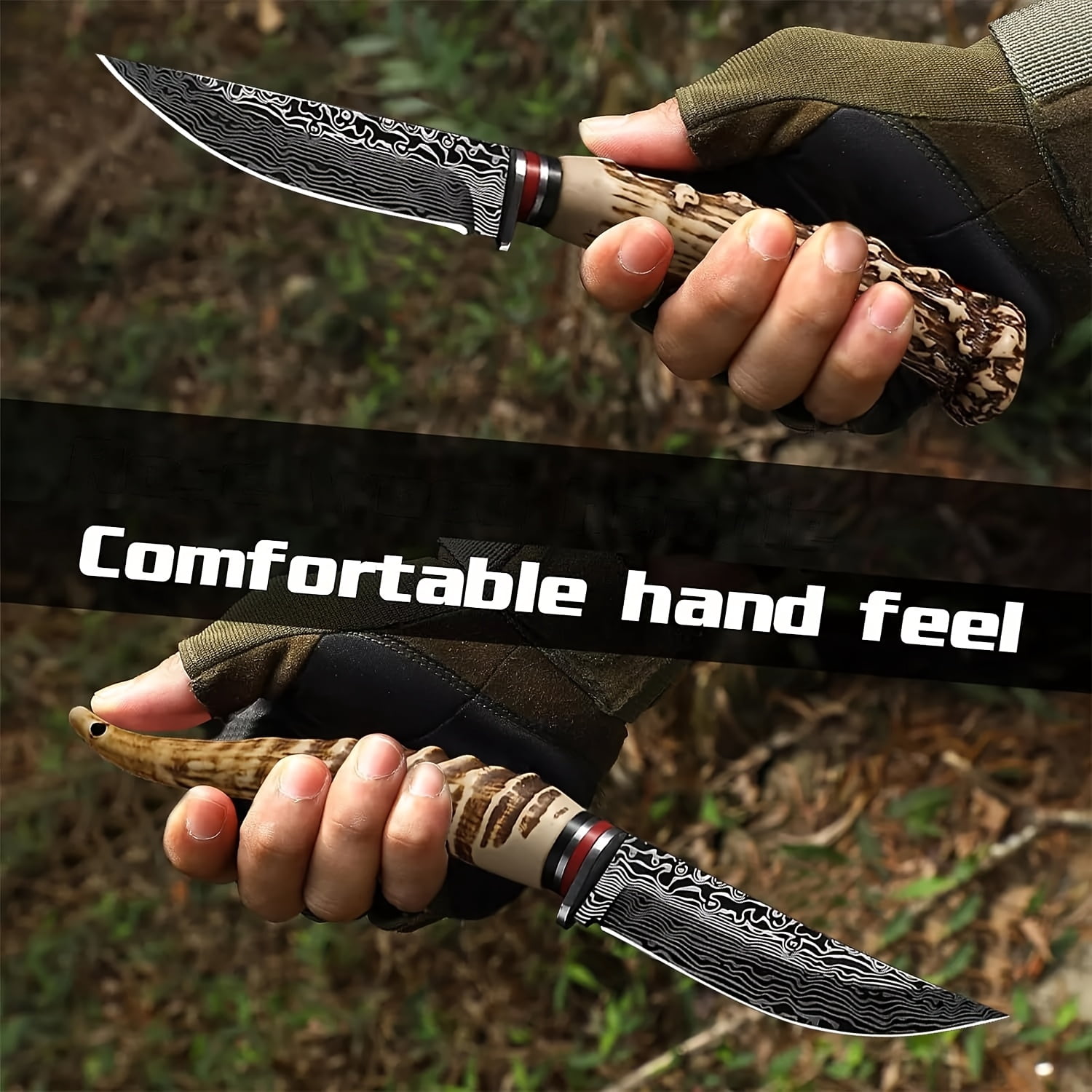 Hunting Knife with Leather Sheath - Ideal for Chopping, Camping Outdoor - Fixed Blade Bushcraft Knife - Gift for Men