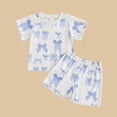 thumbnail image 5 of HVOBTTY Toddler Kid's Summer Casual Bow Print Crew Neck Short Sleeve Top and Ruffled Shorts Trendy Top 2 Piece Outfit Suits Blue,3-4 Years, 5 of 5