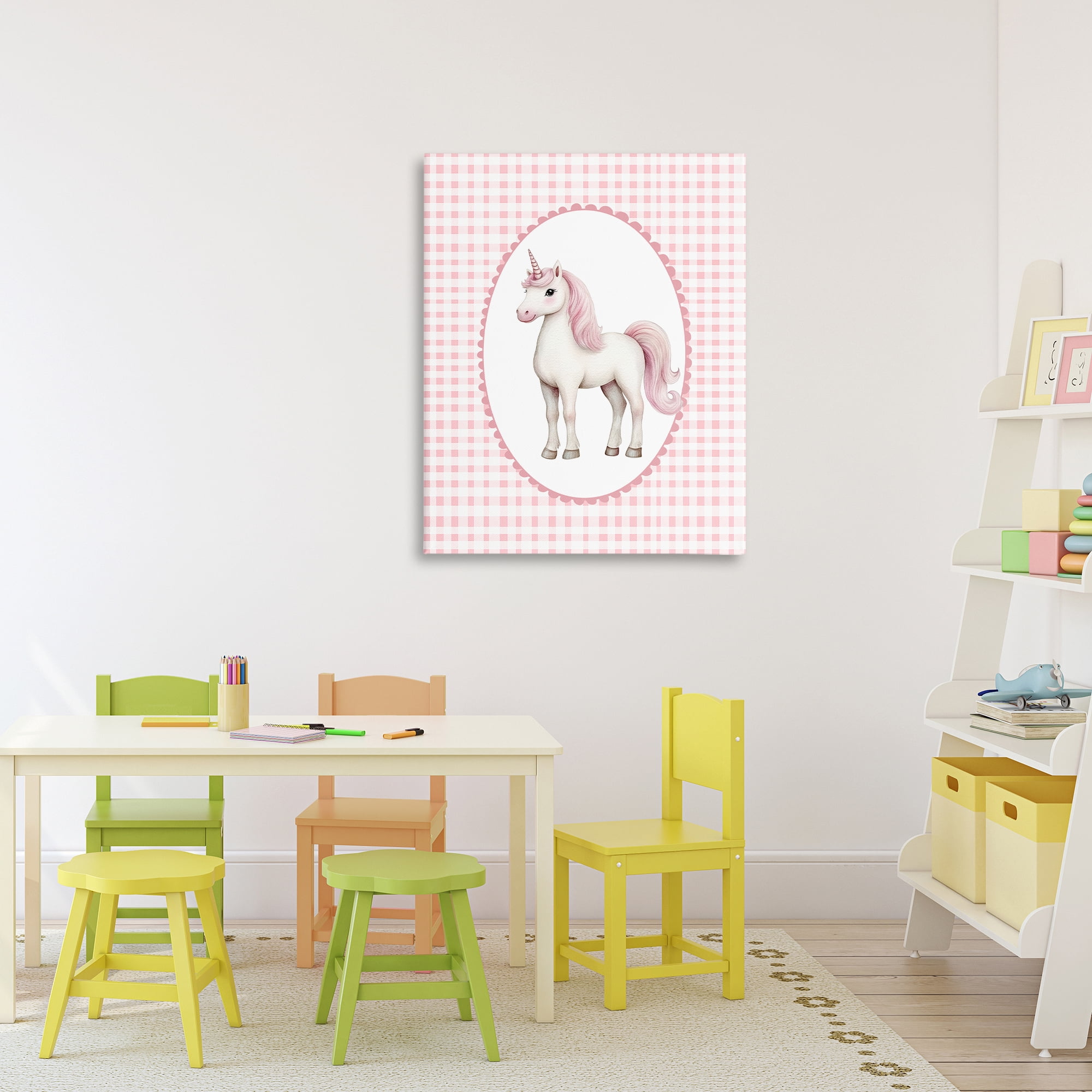 Stupell Industries Pink Gingham Unicorn Canvas Wall Art, design by Christine Simpson Art