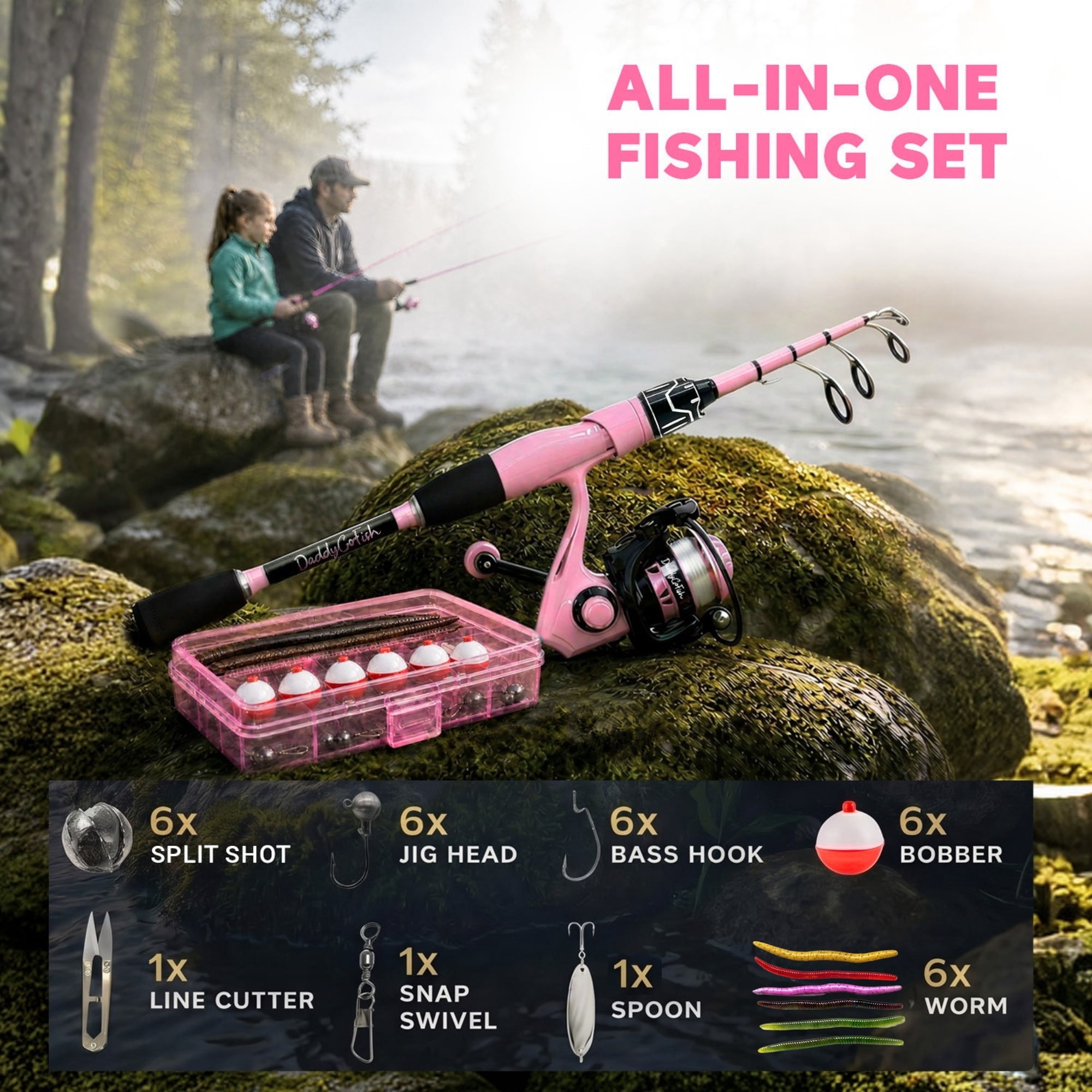 DaddyGoFish Spinning Fishing Rod and Reel Combo Set with Tackle Box | Fishing Pole | Carbon Fiber Telescopic Fishing Rod Kit | Spinning Reel for Travel Saltwater Freshwater Fishing Gear Kit