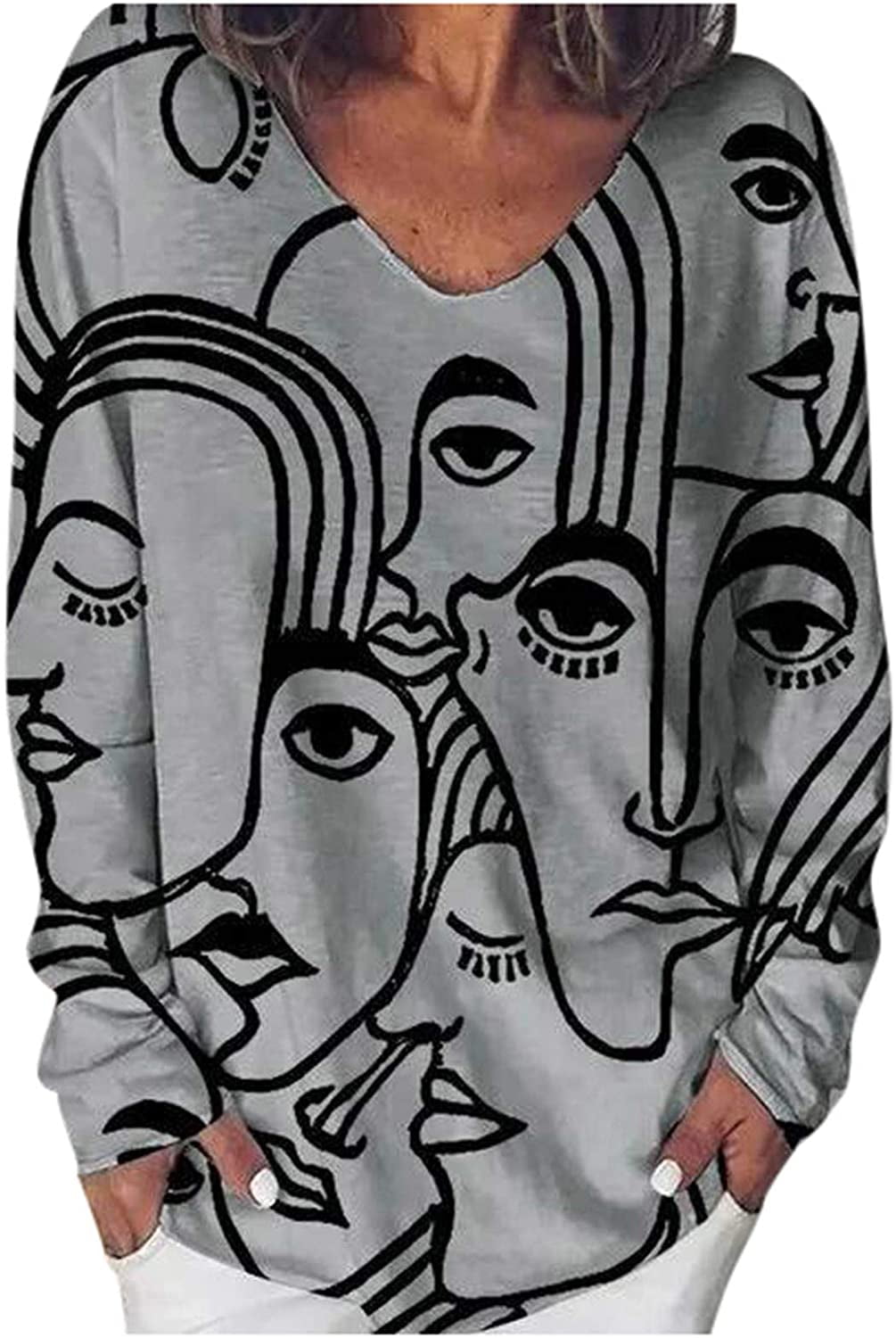 Women's Fashion O-Neck Abstract Print Long Sleeves Tops Blouse Gradient