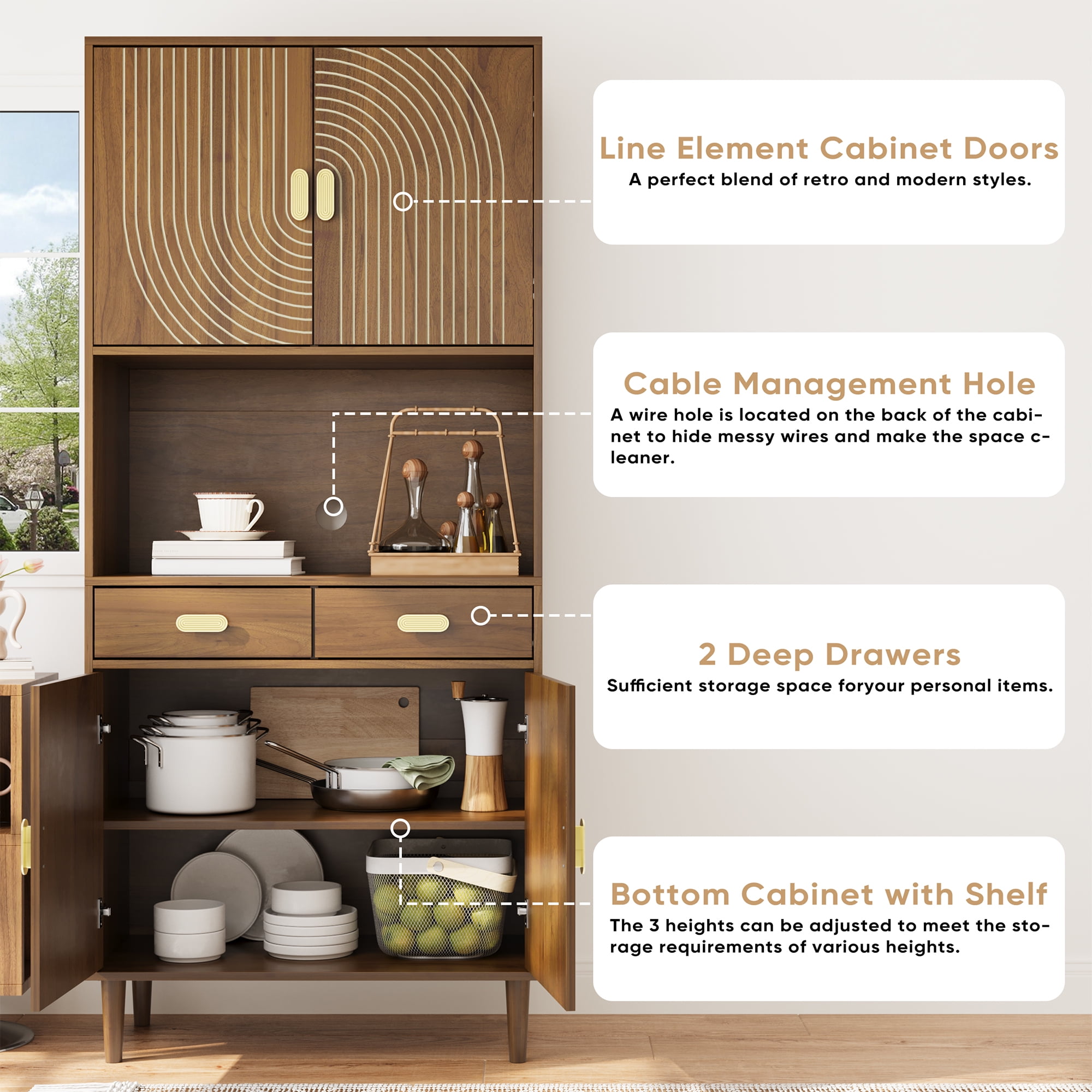 Semiocthome Pantry Storage Cabinet with Line Groove Design and Microwave Stand, Kitchen, Walnut