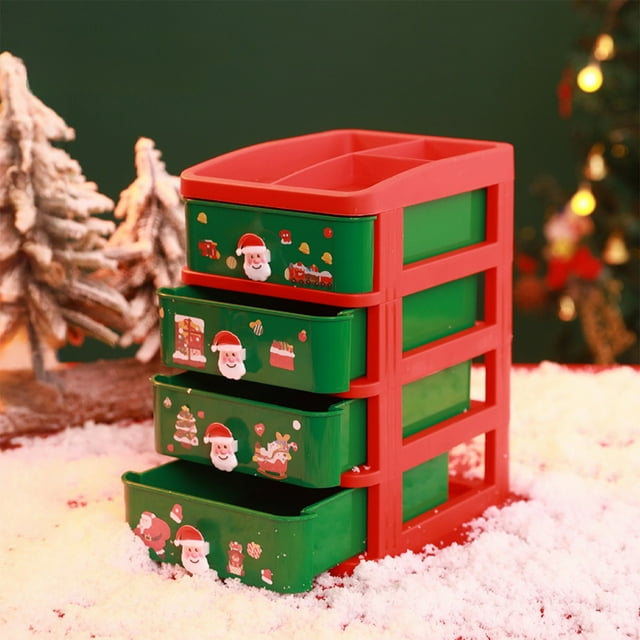 Plastic Storage Box 22x18x13.5cm Plastic Christmas Storage Box with 4 Drawers Red Holiday Cartoon Design for Organizing Hair Accessories and Small Items(1PCS) JASKFLY