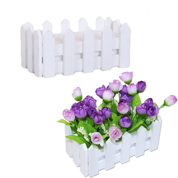 AURORA TRADE White Picket Fence Mini Centerpiece, Flower Plant Pot Wooden Window Box Garden Decking Boards Trough Fence Decor for Indoor Office Wedding Home Decor(Fence only)