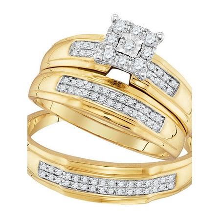 Gold Wedding Band Set - 10kt Yellow Gold His & Hers Round Diamond Matching Bridal Wedding Ring Band Set 3/8 Cttw