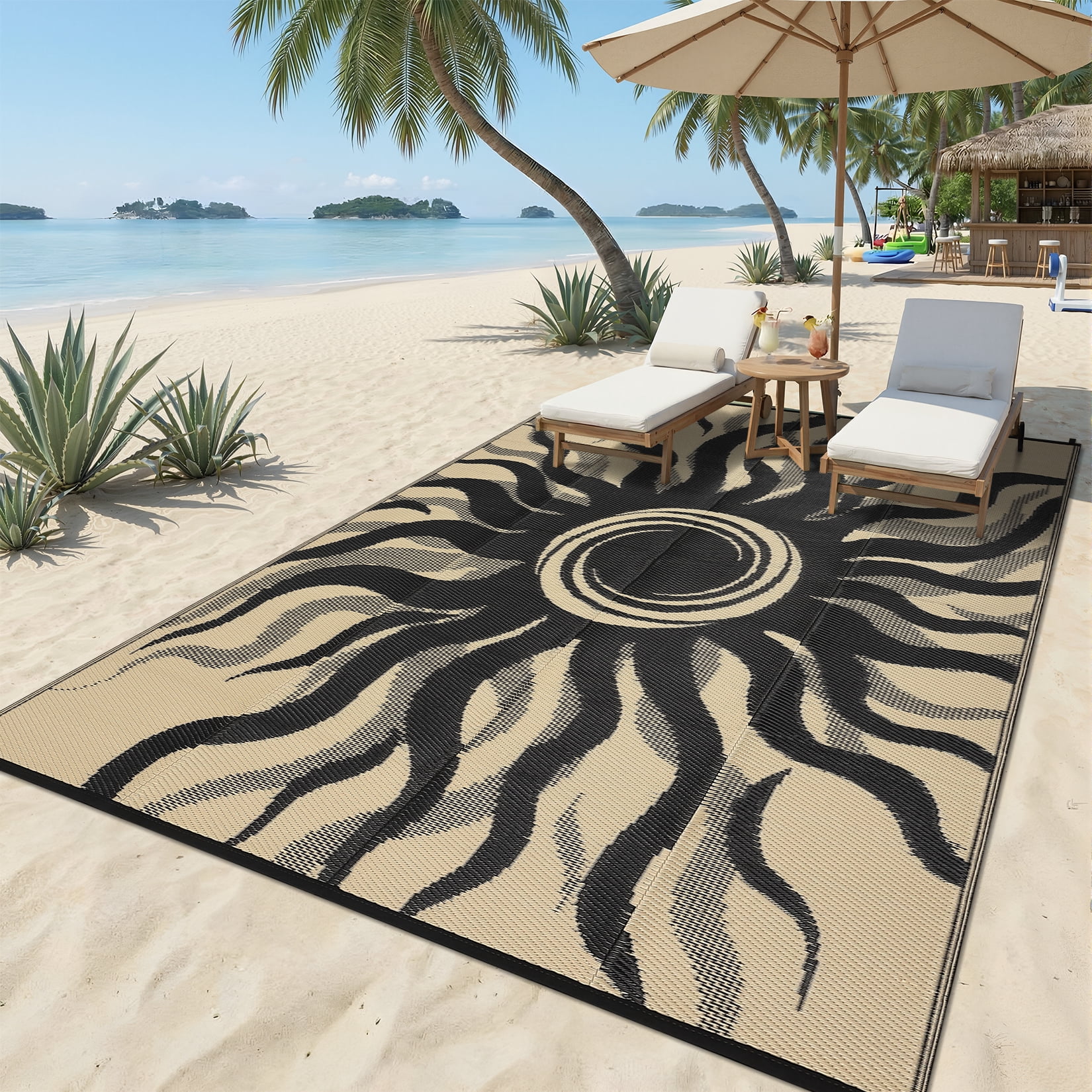 Garvee 9x12ft Outdoor Rug Waterproof Reversible Plastic Straw Rug, Modern Boho Sun Pattern Rug, Large RV Camping Mat Portable Outdoor Carpet for Patio, Balcony, Picnic, Beach, Deck, Black/Coffee