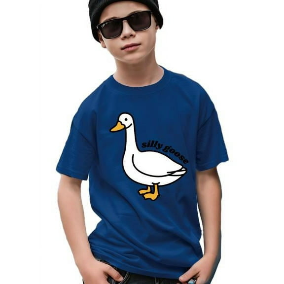 Big Boys Cool, Lightweight Tops Silly Goose Print Engaging Visuals, Casual Short Sleeve T-Shirts For Summer Outdoor