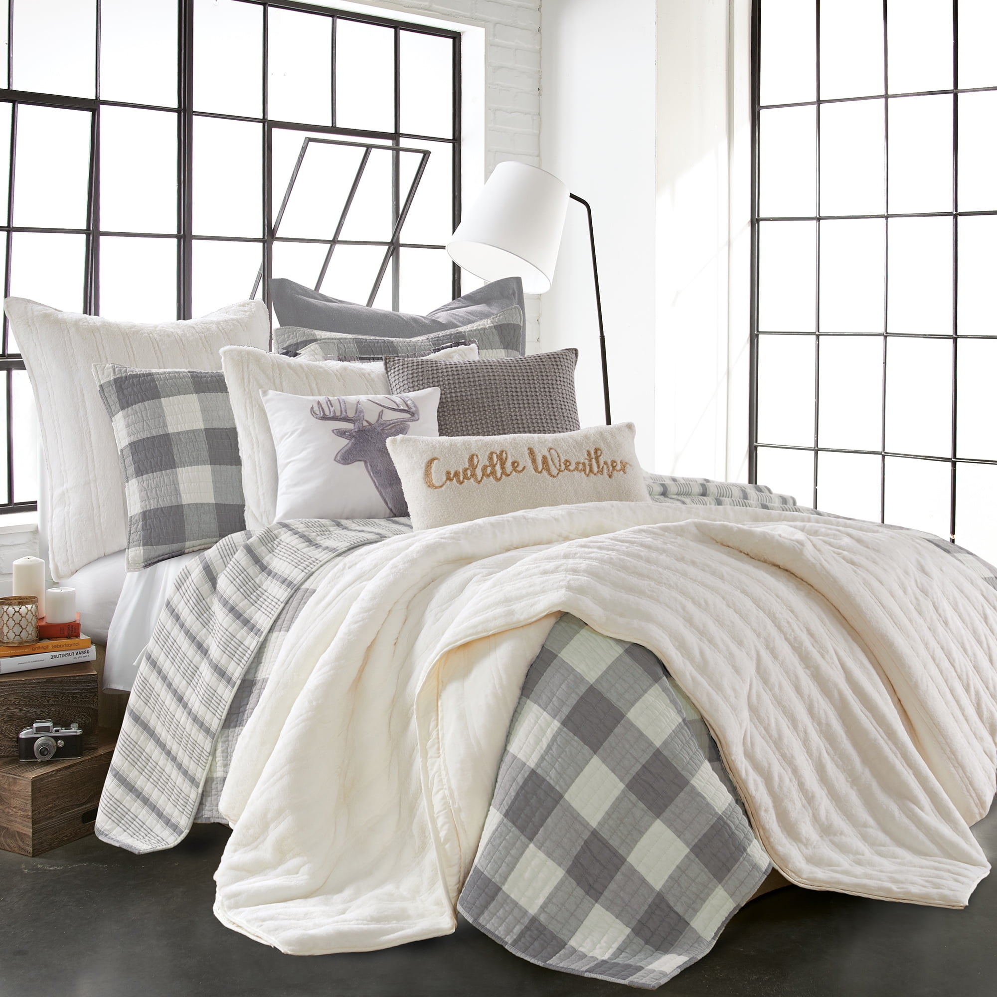 Levtex Home - Camden Grey Quilt Set -King/Cal King Quilt + Two King Pillow Shams - Buffalo Check in Grey and Cream - Quilt Size (106 x 92 in.) and Pillow Sham Size (36 x 20 in. )