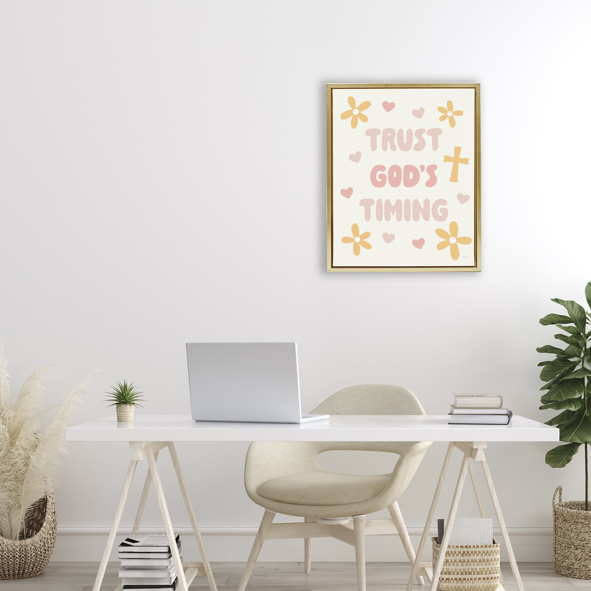 Stupell Industries Retro Trust God's Timing Gold Framed Floater Canvas Wall Art, design by Natalie Carpentieri