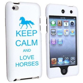 Ipod 4th Generation Hard Case For Apple iPod Touch 4th Generation White Rubber Hard Case Snap on 2 piece Light Blue Keep Calm and Love Horses ()