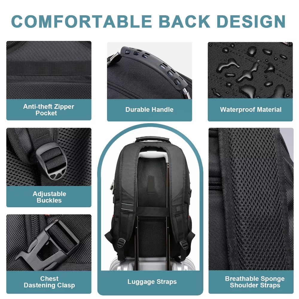 Fenbeli Extra Large 50L Travel Laptop Backpack, TSA Approved Carry On Backpack with USB Charging Port, Water Resistant College School Business Work Backpack for Men & Women, Black