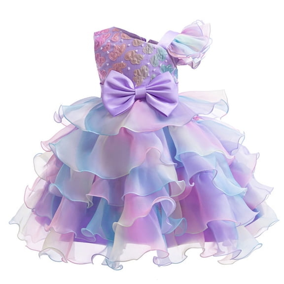 Xdegoge One Shoulder Ruffled Tiered Ball Gown Dress for Girls with Large Bow, Sequin Bodice, Wedding Guest Party