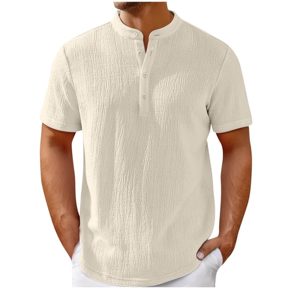 Coorders Mens Henley Short Sleeve T-Shirt, Linen Button Henley Closure for Mens Big and Tall Summer, Beige, Size S