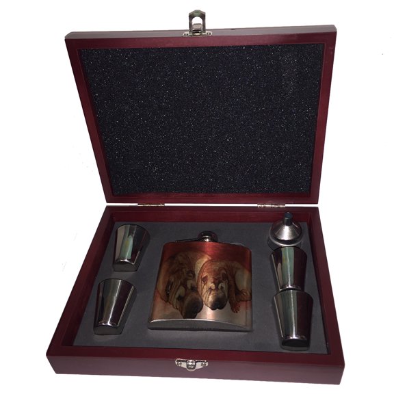 KuzmarK 6 oz. Stainless Steel Flask Set in Rose Wood Presentation Box -  Chinese Shar-Pei Mother and Daughter Art by Denise Every