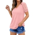 thumbnail image 3 of JWD Waffle Knit Lace Short Sleeve Blouses V Neck T Shirts Summer Casual Tops For Women Pink Large, 3 of 6