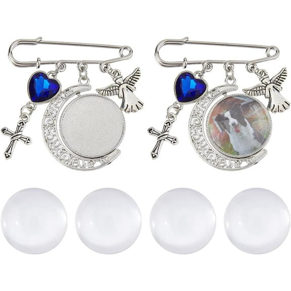 2Pcs Wedding Bouquet Photo Charm Picture Memorial Pins Graduation Photo Pins Moon Round Frame Charm Pin DIY Brooch with Angel Cross Heart Charms Glass Cabochons Picture Frame for Bridal grey