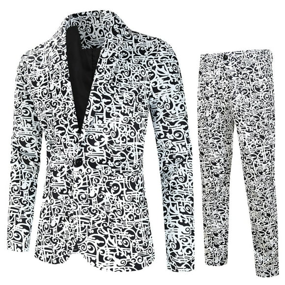 Penkiiy Blazer Set for Men Men Casual Slim Fit Single Button Printed Long Sleeve Coat Trousers Two Piece Suit Gray Blazer