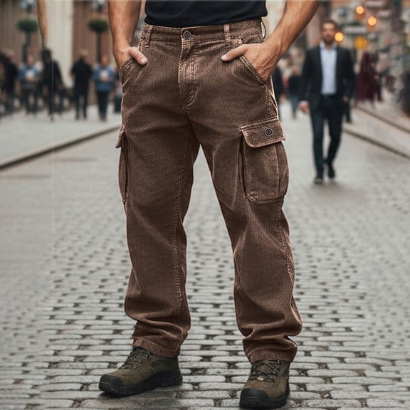 Lopecy-Sta Men's Cargo Work Pants with Elastic Waist & Drawstring Corduroy Solid Color Relaxed Fit Casual Hiking Pants