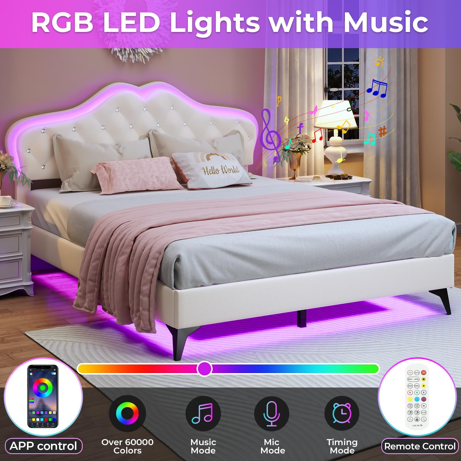 Afuhokles Full Size Bed Frame with LED Lights, Upholstered Platform Bed, White