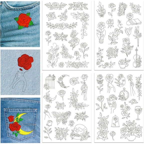 4 Sheets Rose Flower Lace Pattern Water Soluble Hand Sewing Stabilizers for Fabric Embroidery Stitch Practice Embroidery Stabilizers Stickers Wash Away Stabilizers for Embroidery Lovers